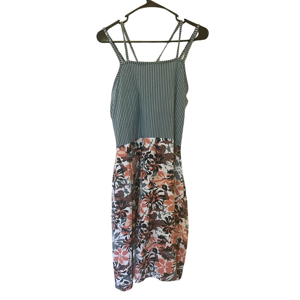 PACT XXL Organic Cotton Striped Floral Fit & Flare Dress Shelf Bra Pockets